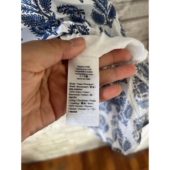 J Crew V Neck Mini Bouquet Block Print Blue White Lined XS Smocked Dress - Picture 7 of 11